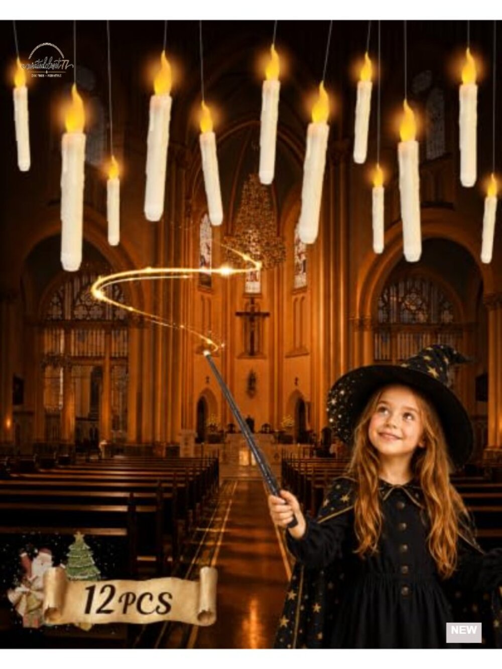 Flameless Floating Candles with Wand, 12 Pcs Magic LED Hanging Taper Candles